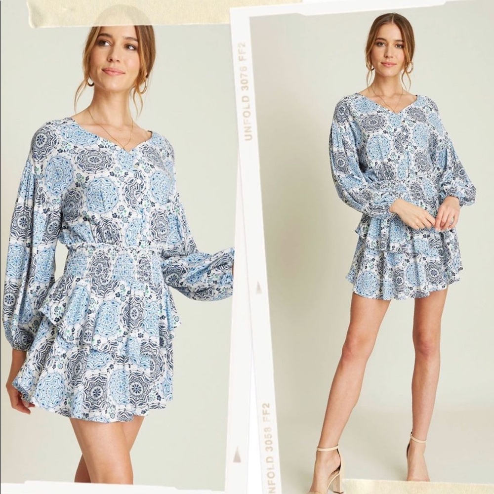 Smocked tiered long sleeve dress - Picture 2 of 5